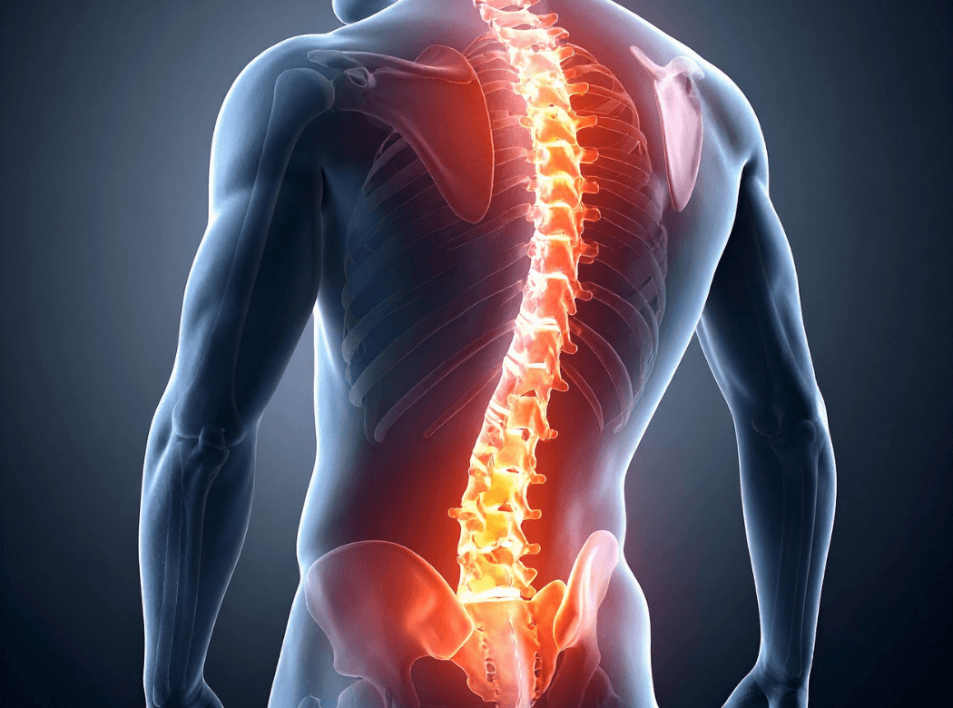 Illustration of spinal fusion hardware stabilizing the spine